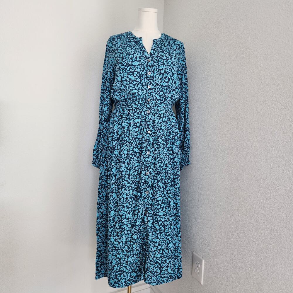 Vintage LOFT Blue Floral Long Sleeve Button Down A-Line Midi Dress L - Picture 12 of 12